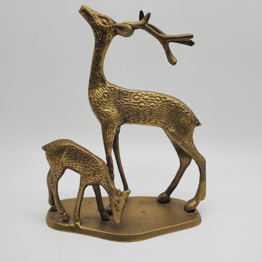 Solid Brass Deer Figurine Doe & Fawn Sculptural Animal Statue Vintage Textured - Picture 8 of 8